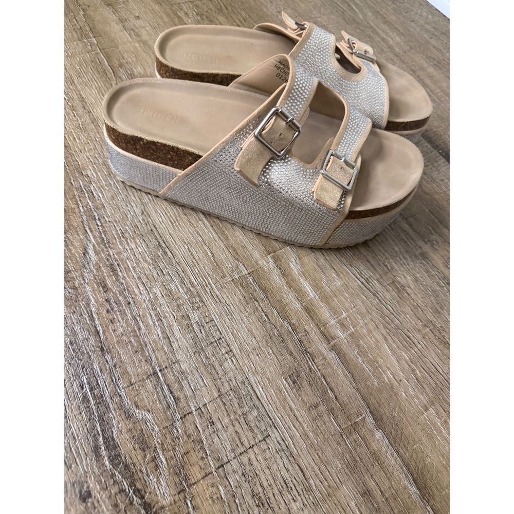 Forever 21 Rhinestone Platform Slide Sandals Tan Beige Double Buckle Size 8
